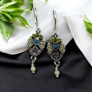 Antique Silver Grapevine Chrysoprase Earrings Silver Filled Leverbacks NWT